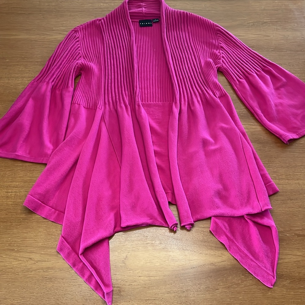 Tribal Cardigan Sweater, Magenta, 3/4 Flare Sleeve, Handkerchief Hem, Size L